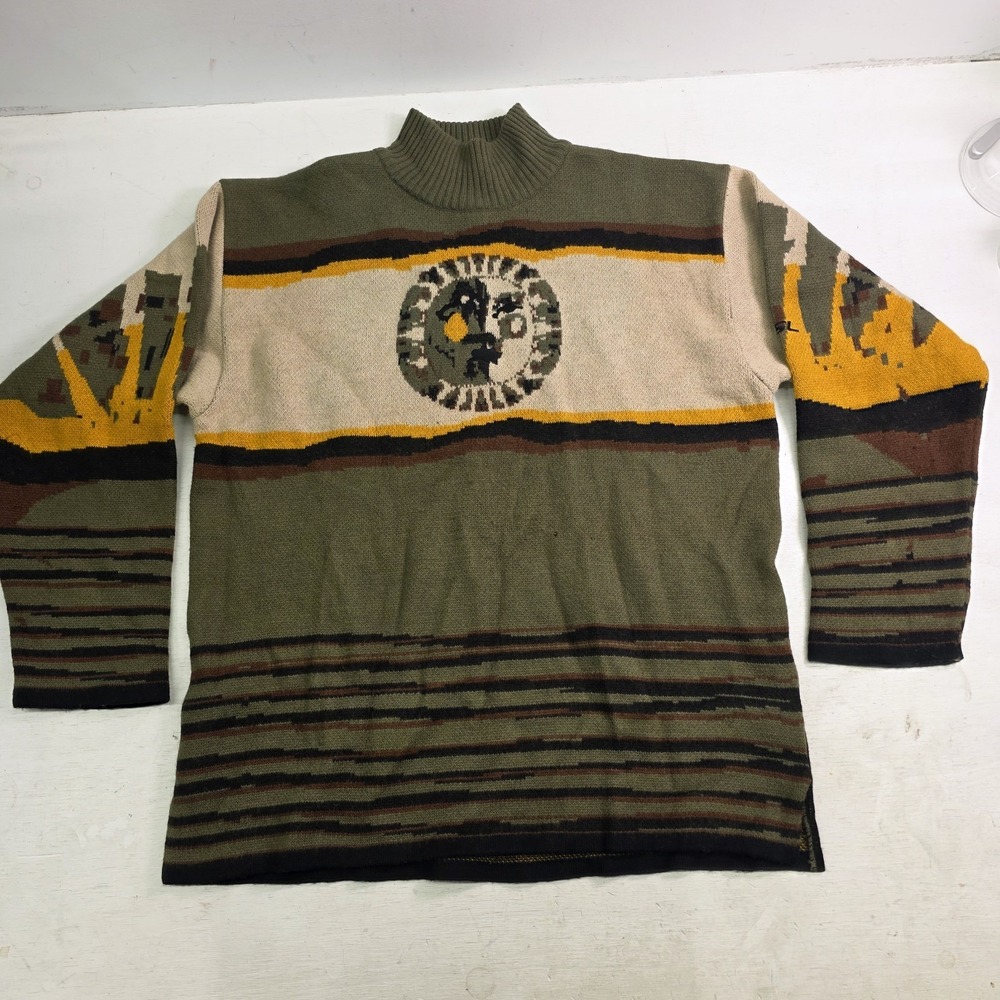 Vintage GSL Heavy Knit Wool‎ Sun Moon World Map Art Sweater Green 90s Men's 2XL